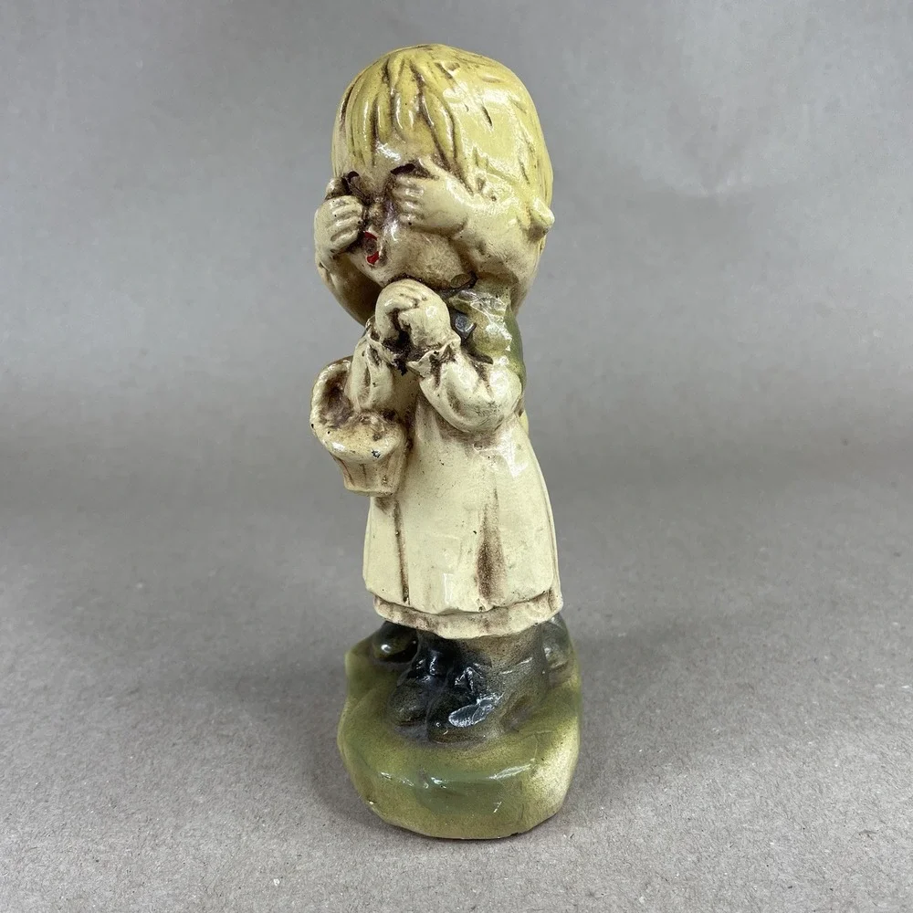 Vintage Boy Covering Girls Eyes‎ Holding Basket Figurine Surprise Yellow Green